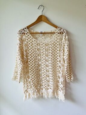 Crochet Fringe Openwork Long Sleeve Top - Cream - M